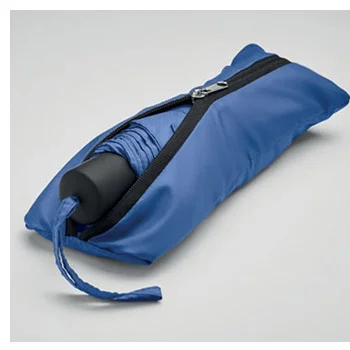 Blue umbrella pouch unzipped to show the handle.