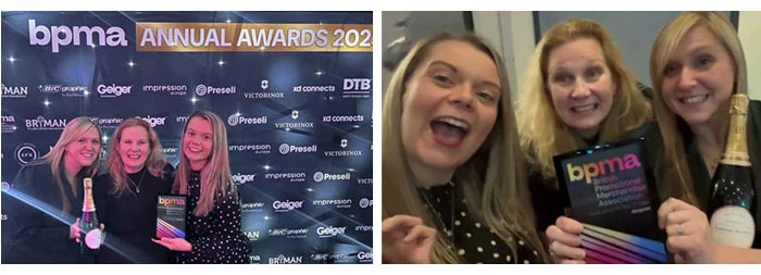 Collage of two pictures with three people smiling holding a champagne bottle and the award.