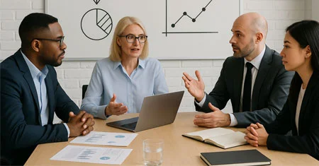 Group of people having a discussion in a conference room.