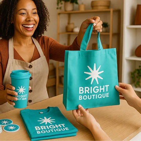 person showing off custom logoed products