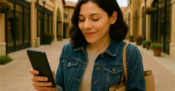 person smiling looking at a phone holding a tote bag