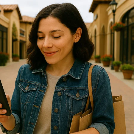 person smiling looking at a phone holding a tote bag