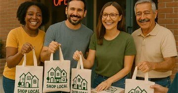 group of people holding custom printed tote bags
