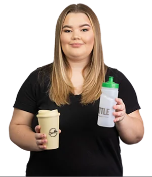 Nicole with the Biodegradable Sports Bottle and the Universal Bio Travel Mug