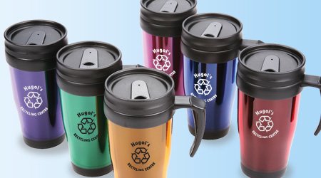 Promotional giveaway items that includes coffee travel mugs